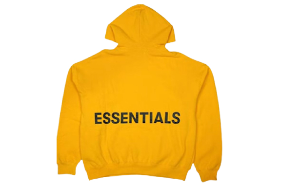 Fear of God Essentials Graphic Pullover Hoodie Yellow, graphic elements, and any notable details to aid those who rely on text descriptions for visual content.