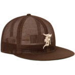 Fear of God Essentials Mesh F 59Fifty Hat - Brown, hat's color, material, mesh design, and any notable features to assist those who rely on text descriptions for visual content.