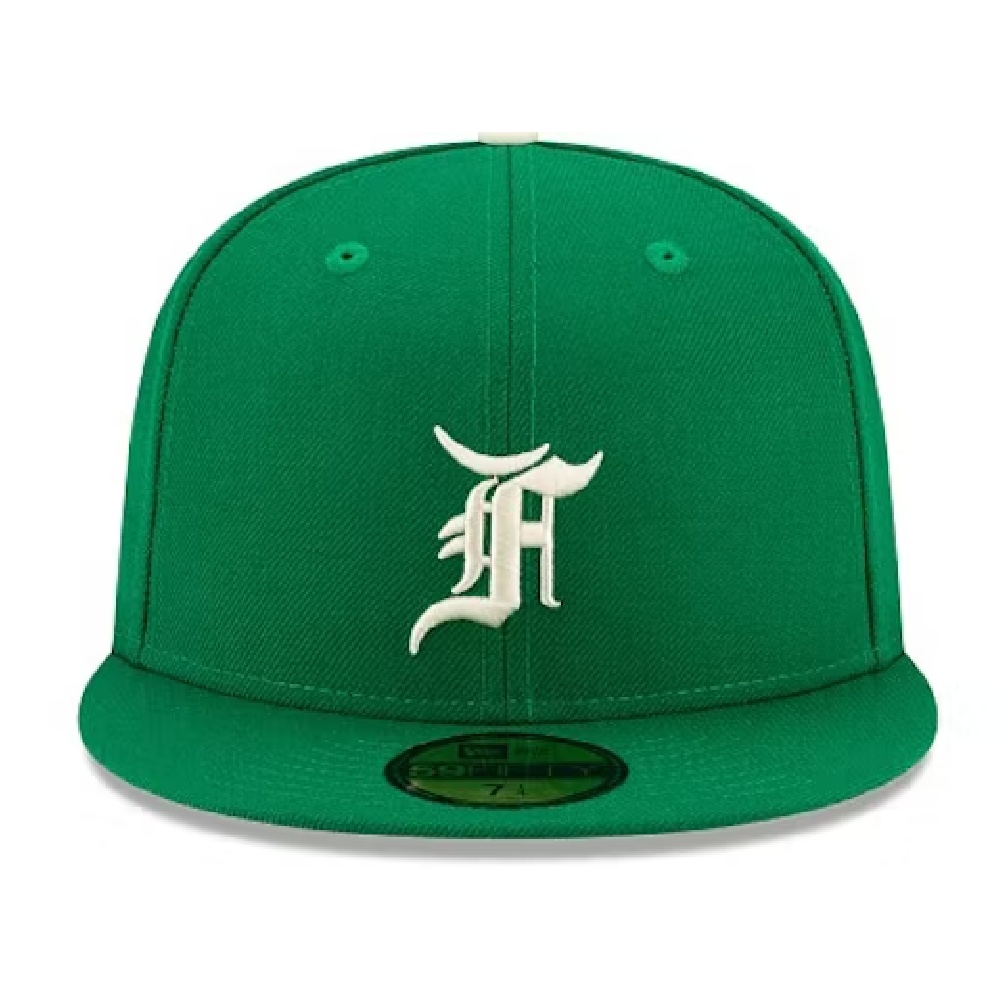 Fear of God Essentials New Era 59Fifty Fitted Hat (FW21) - Green, fitted style, and any notable features to assist those who rely on text descriptions for visual content.