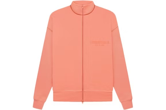 Women's Full-zip Jacket from Fear of God Essentials in the vibrant Coral hue. Tailored for modern fashion, this jacket seamlessly blends style and comfort.