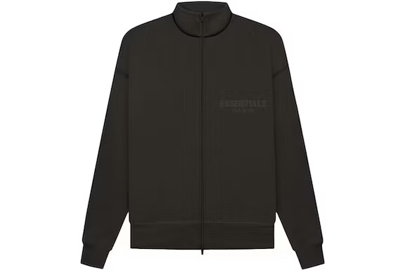 Fear of God Essentials Women's Full-Zip Jacket in Off Black - Elevate your style with this chic Full-Zip Jacket from Fear of God Essentials in the understated Off Black hue.
